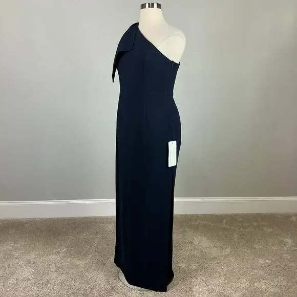 Adrianna Papell One Shoulder Long Column Evening Gown Navy Blue Size 16 Dress - Picture 5 of 12